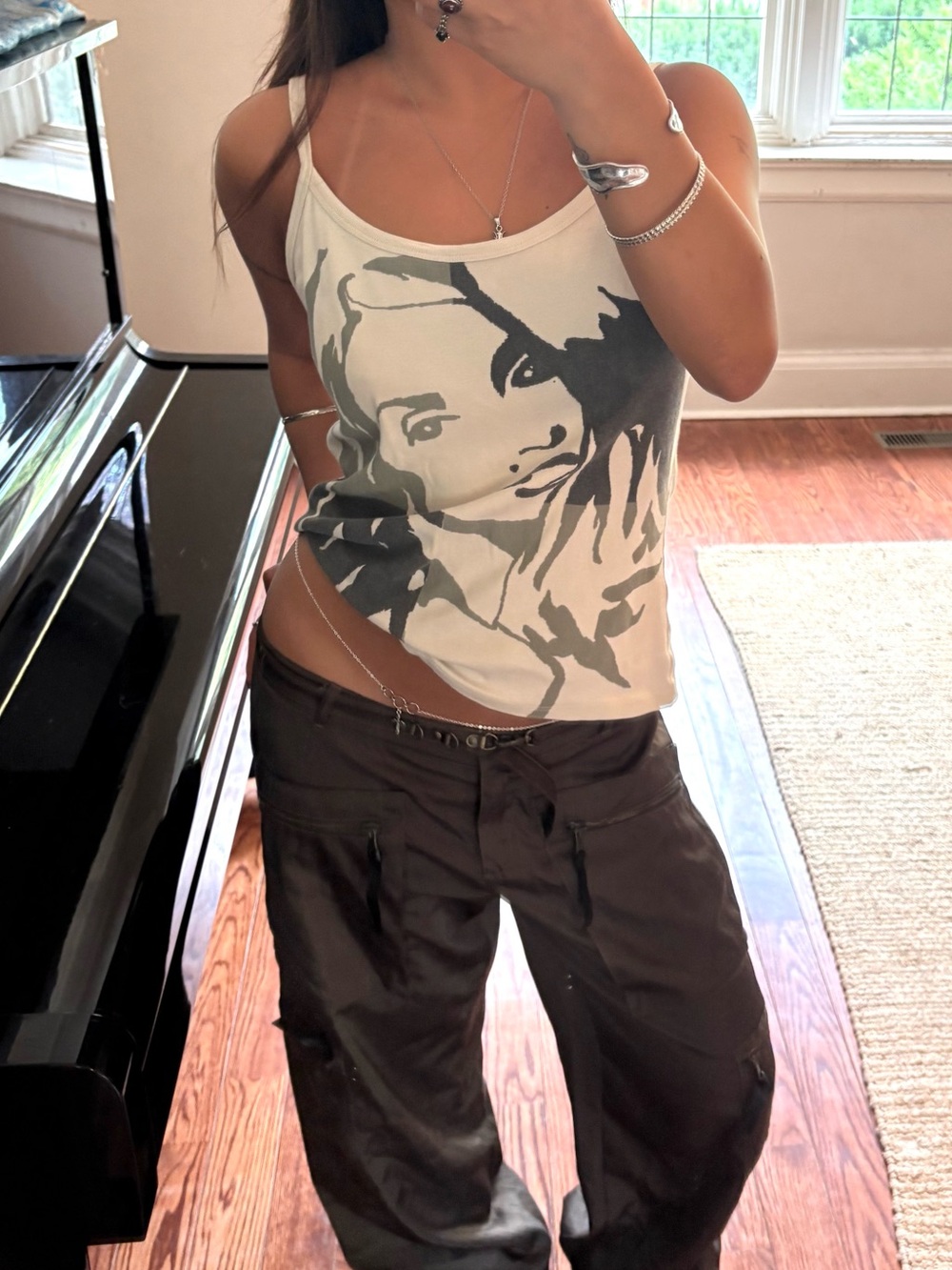 Vintage Graphic Face Cream and Khaki Cami Tank Top